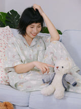 Short Sleeve Cotton Cartoon Cat Print Pajamas Set