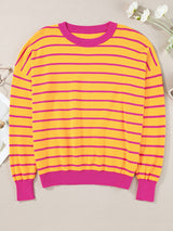 Orange Striped Round Neck Drop Shoulder Sweater