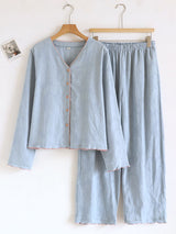 V Neck Button Cotton Pajama Set