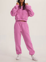 Thick Plush Hoodies Solid Short Top & Long Pants Set