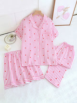Small Heart Print Three Pieces Cotton Pajama Set