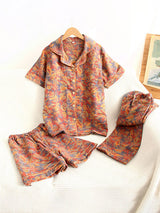 Retro Leaves Printed 3Pcs Short Sleeve Pajama Set