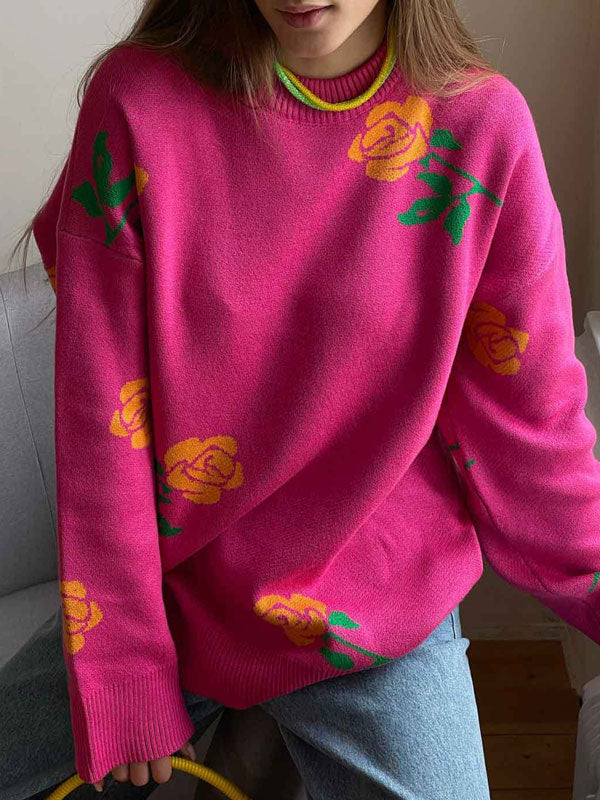 Round Neck Rose Print Sweater