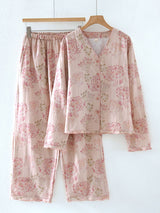 V Neck Button Cotton Pajama Set