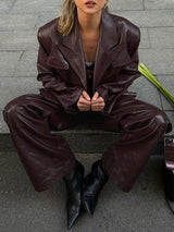 Solid PU Leather Belted Trench Coat & Long Pants Set