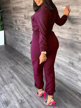 Solid Color Lapel Tie Up Long Sleeve Jumpsuits