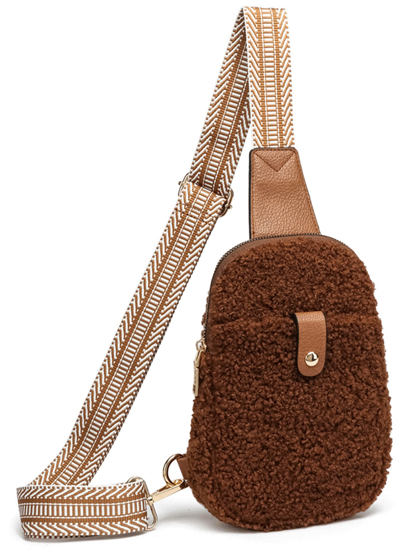Trendy Solid Color Plush Zipper Sling Bag