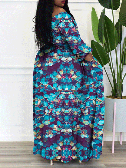 Off Shoulder Split Print Maxi Dress