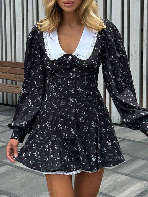 Peter Pan Collar Printed Black Mini Dress