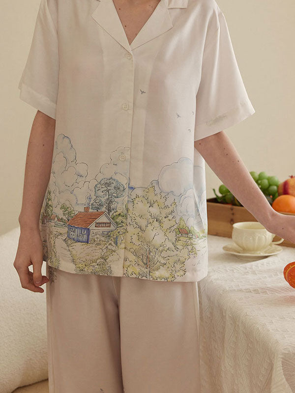 Lapel Printed Short Sleeve Pajama Set