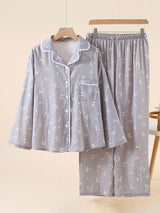 Lace Trim Long Sleeve Cotton Pajama Set