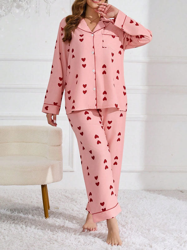 Plus Size Heart Printed Long Sleeve Pajamas