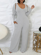 Solid Color Ribbed Knit Vest Jumpsuit Set