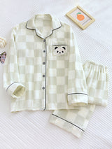 Embroidered Panda Plaid Cotton Pajama Set