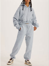 Thick Plush Hoodies Solid Short Top & Long Pants Set