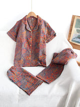 Retro Leaves Printed 3Pcs Short Sleeve Pajama Set