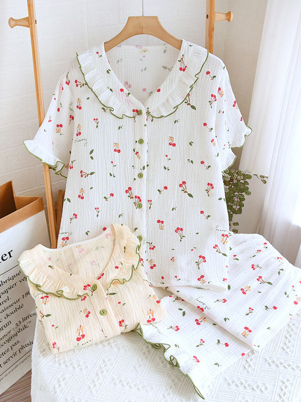 Cherry Print Color Block Cotton Cotton Pajamas