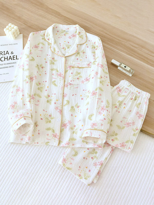 Pink Floral Long Sleeve Cotton Pajama Set