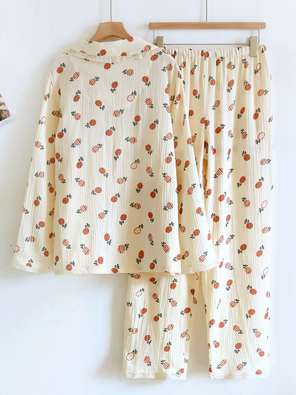 Cotton Long Sleeve Pineapple & Bears Print Pajama Set