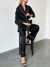 Long Sleeved Satin Jacquard Black Robe Set