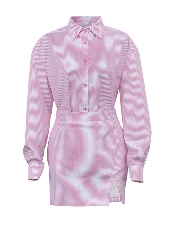 Pink Collared Striped Shirt & Bodycon Skirt Set