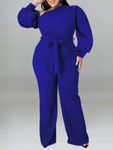 Solid Color Tie Up Lantern Sleeve Jumpsuits