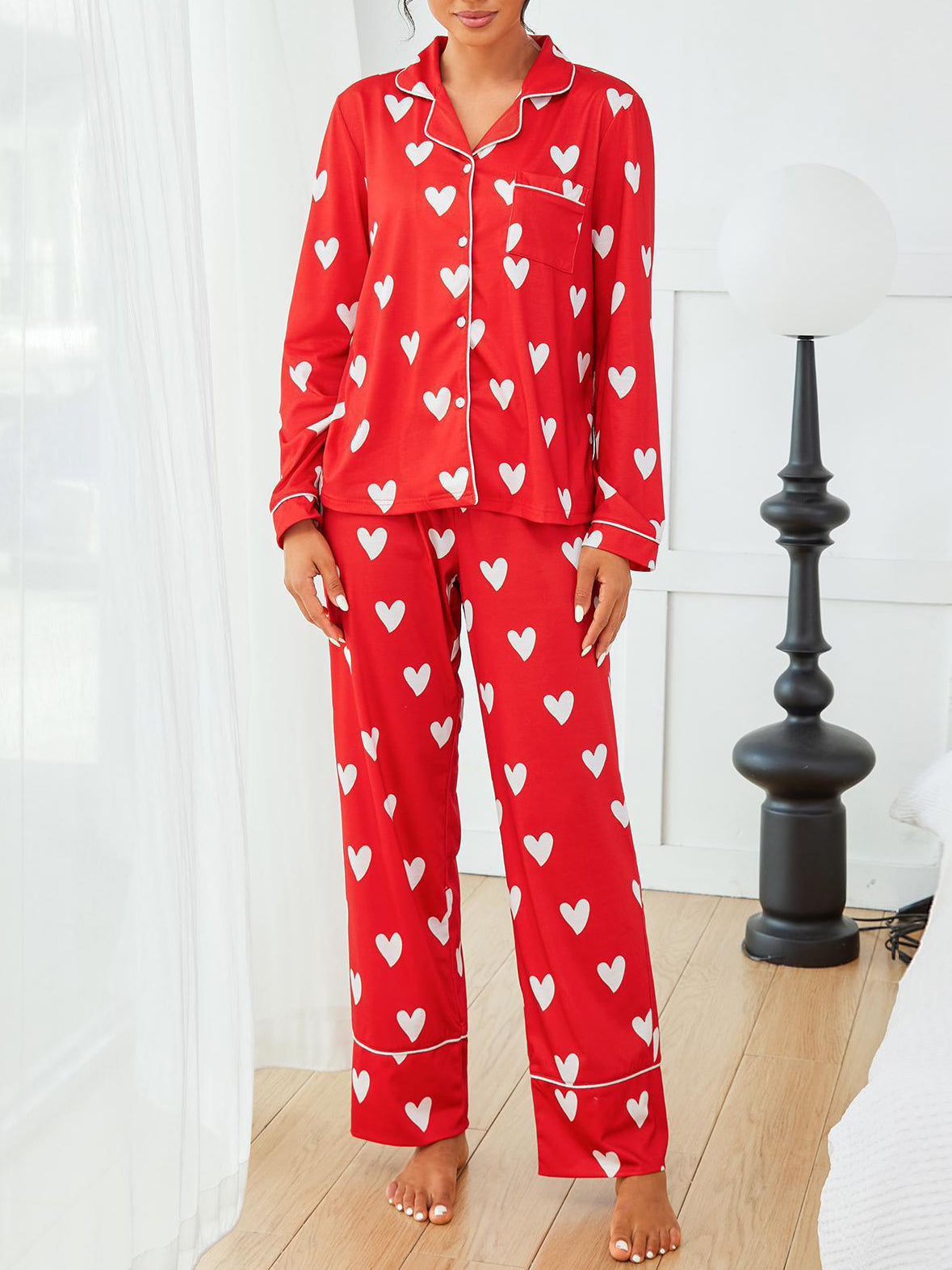 Heart Print Long Sleeve Pajama Set