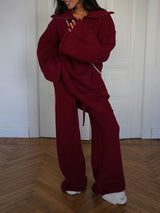 Knit Solid Color Zipper Top & Straight Pant Set