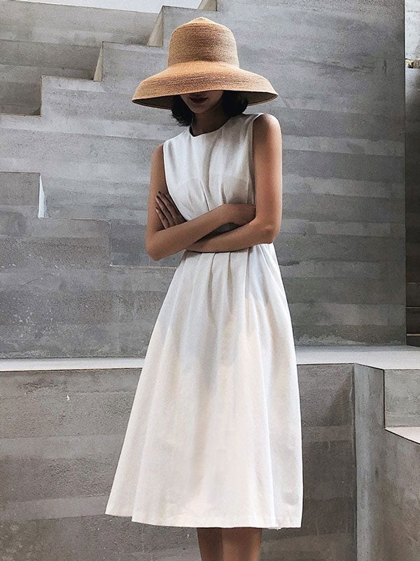 Sleeveless Cinched Waist White Midi Dress