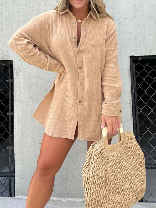 Long Sleeve Button Down Side Slit Shirt and Short Sets