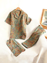 Retro Leaves Printed 3Pcs Short Sleeve Pajama Set