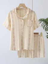 Lace Trim Floral Short Sleeve Pajamas