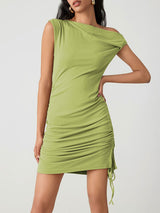 Sleeveless Pleated Oblique Shoulder Mini Dress