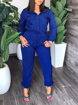 Solid Color Lapel Tie Up Long Sleeve Jumpsuits