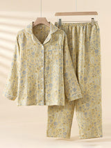 Vintage Floral Print Long Sleeve Cotton Pajama Set
