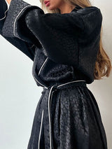 Long Sleeved Satin Jacquard Black Robe Set