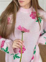 Round Neck Rose Print Sweater