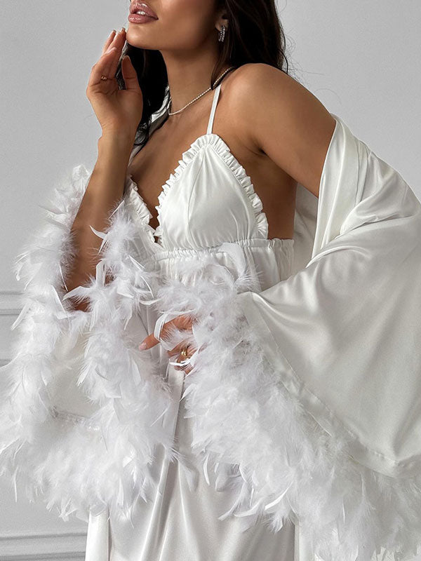 Feather Cuffs White Robe & Nightgown Set