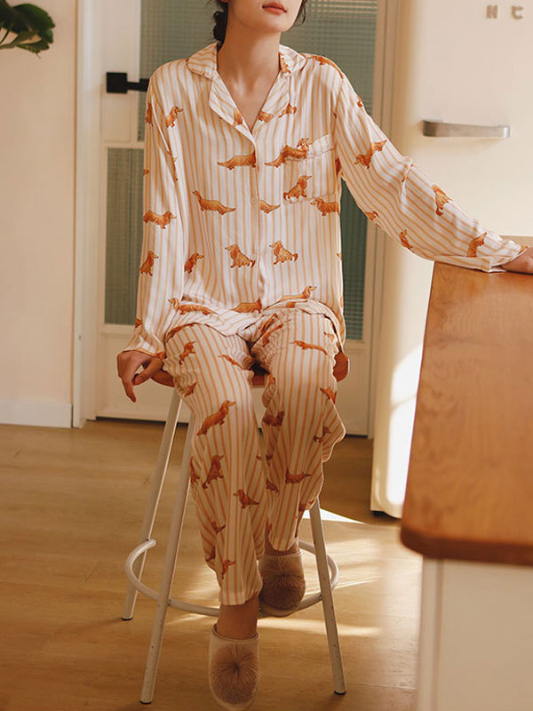 Dachshund Print Long Sleeve Striped Pajamas