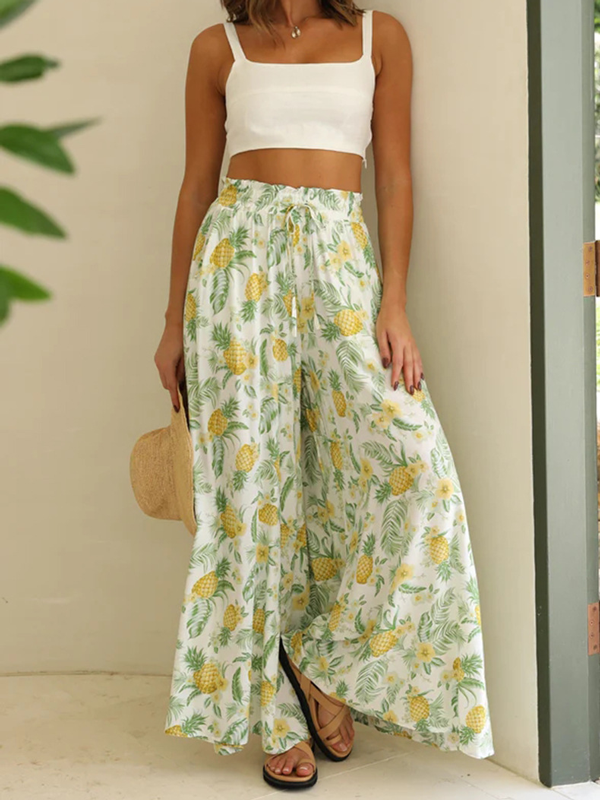 Ruffle Floral Print High Waisted Beach Pants