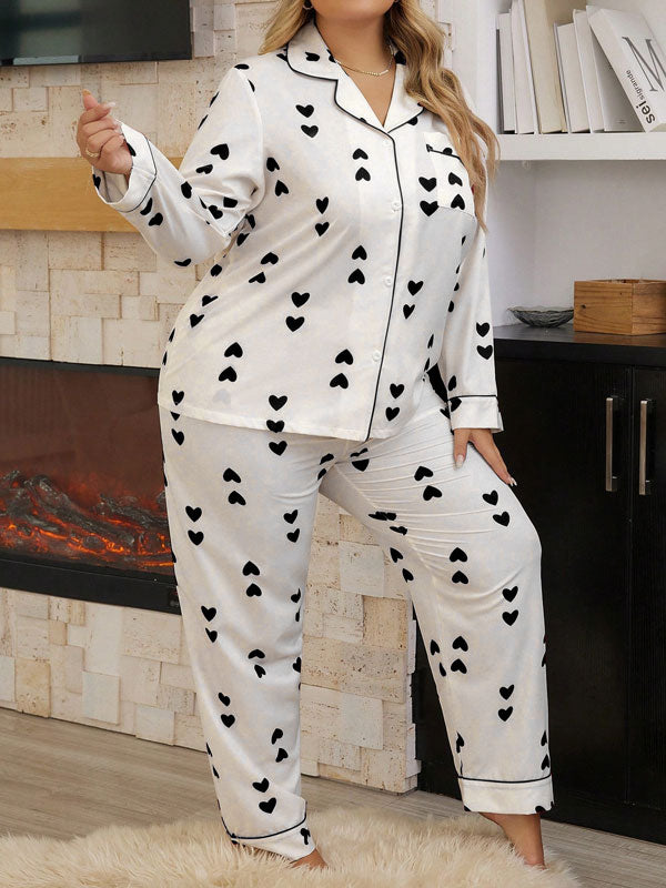 Plus Size Heart Printed Long Sleeve Pajamas