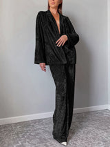 Solid Color Velvet Jacket & Wide Leg Pant Set