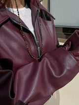 Wine Red Zipper Faux Leather Jacket