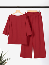 2 Pieces Solid Linen Pullover Tops & Long Pants Set