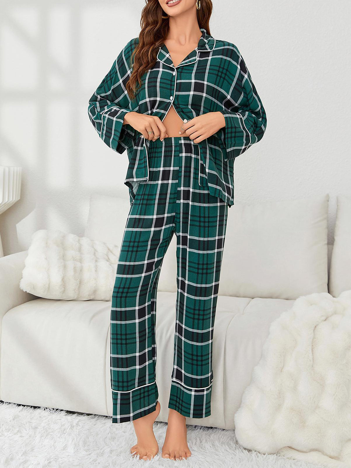 Color Contrast Plaid Long Sleeve Pajama Set