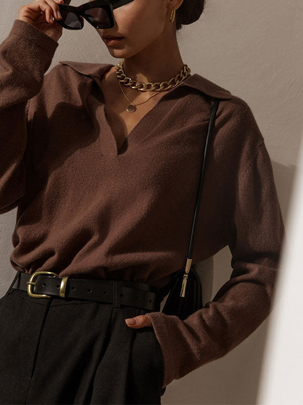 Collared V Neck Long Sleeve Pullover