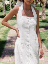 Cotton Halter Backless White Dress