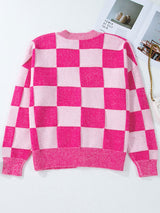 Checkered Drop Shoulder Button V Neck Cardigan