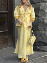 Lace-up Shirt and Maxi Skirt Two Piece Set