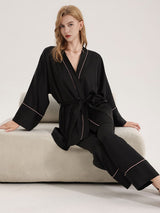 Kafiloe Black Satin Long Sleeve Pajama Set